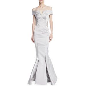 NWT $4K ZAC POSEN OFF THE SHOULDER DOVE GRAY DUCHESS SATIN MERMAID GOWN SIZE 4